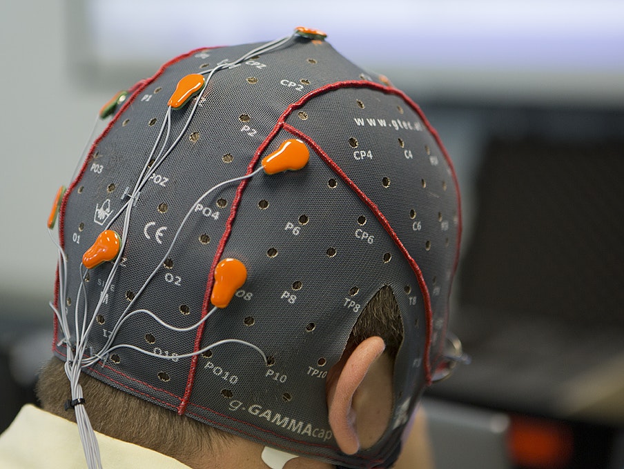 Chad Stephens uses Brain-Computer Interface (BCI) technology for his research efforts at NASA’s Langley Research Center. Here, he is using a dry electrode g.tec GAMMAcap and the P300 Spelling System to communicate.