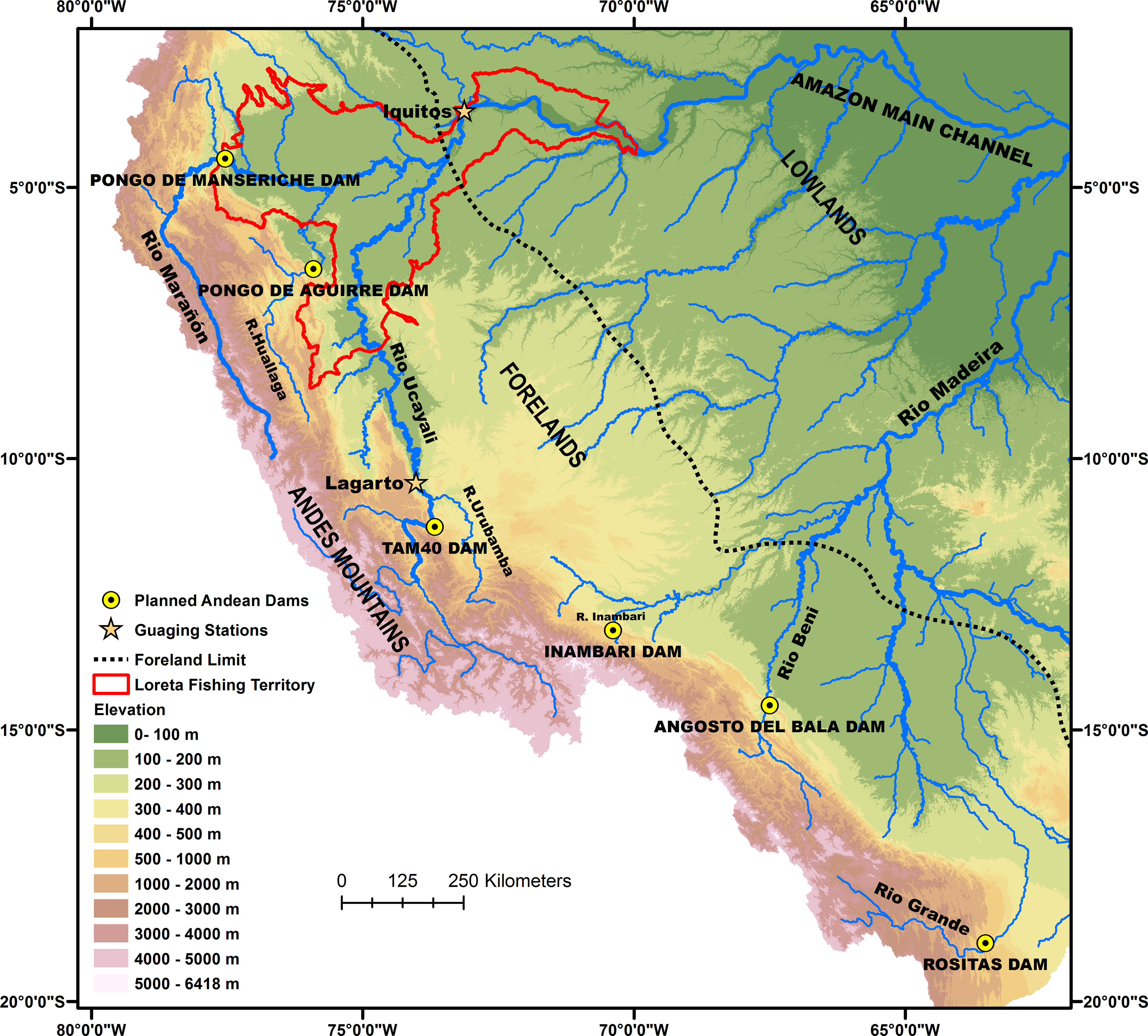 A map of planned dam projects in the Andean Amazon