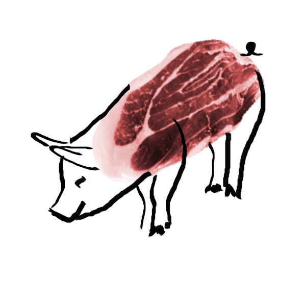 The outline of a pig is drawn over a leg of ham