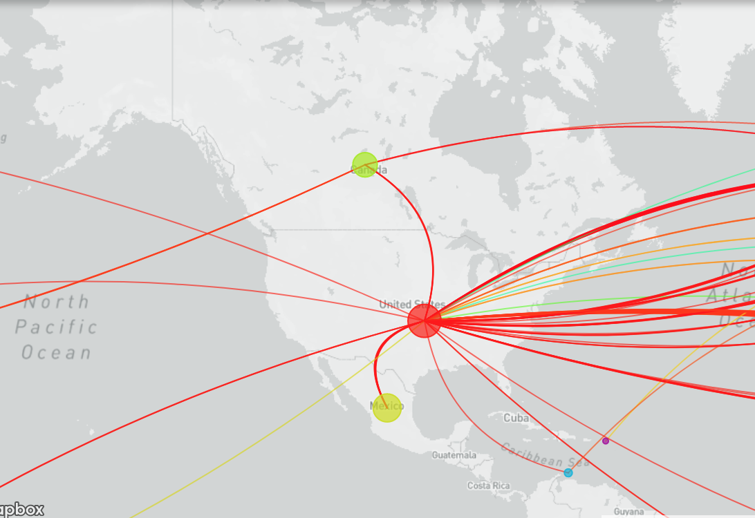 A map showing the dynamics of the Delta variant of COVID-19 arriving in the United States