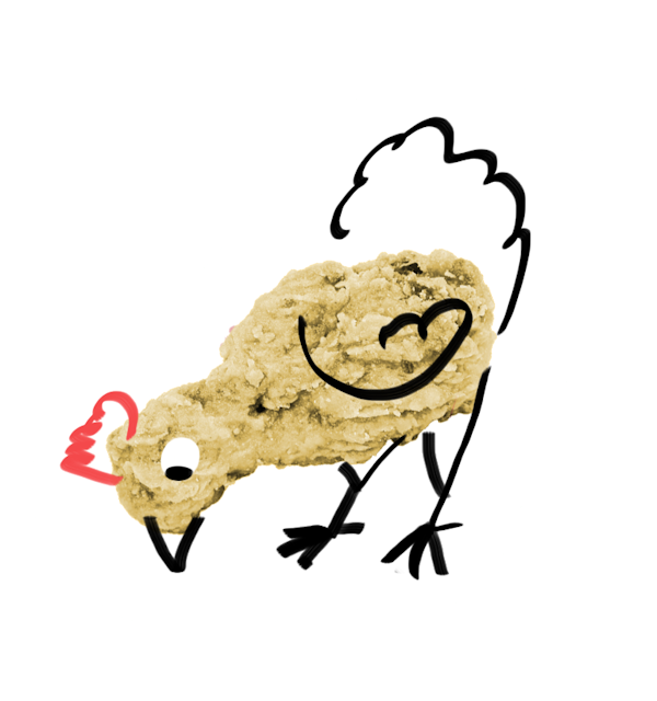 An outline of a chicken is drawn over a picture of a fried drumstick