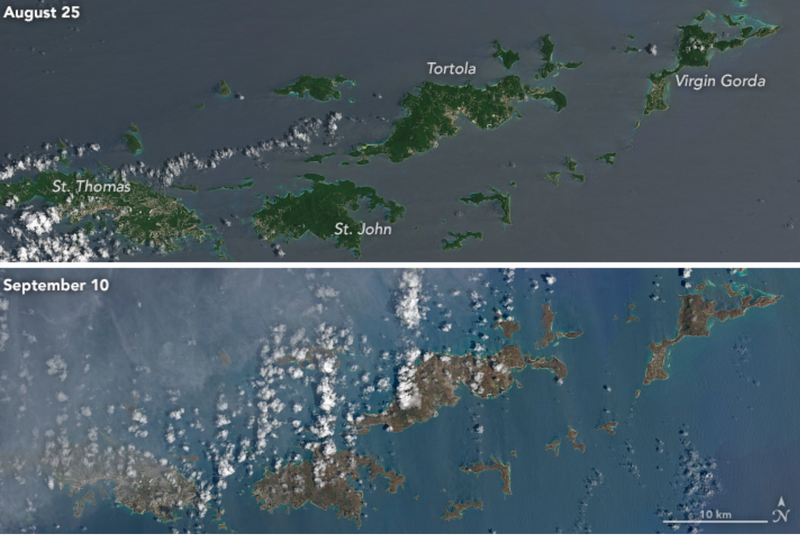 A side-by-side comparison shows the effects of Hurricane Irma, turning islands in the Caribbean brown