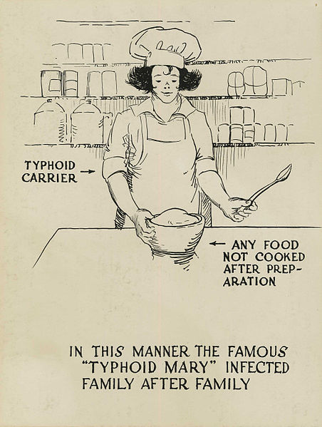 A poster showing a baker, labeled as a "typhoid carrier" as a potential source of disease through the food they bake.
