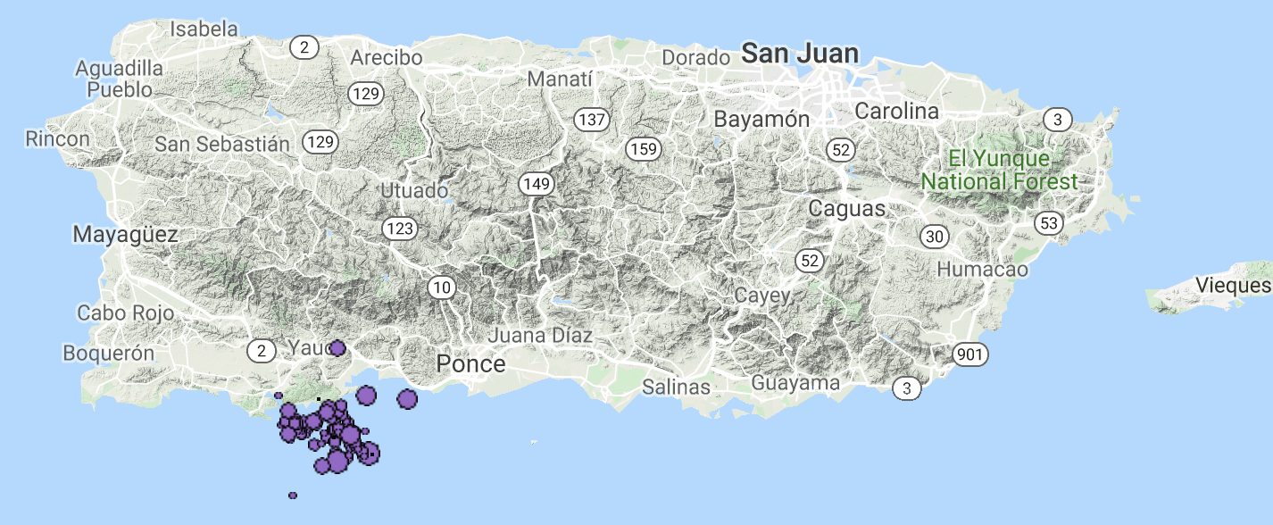 A map of seismic events around Puerto Rico that occurred in January 2020.