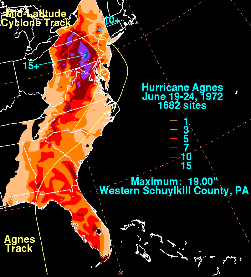 A total rainfall map of Hurricane Agnes, 1972, covering the entire eastern seaboard.