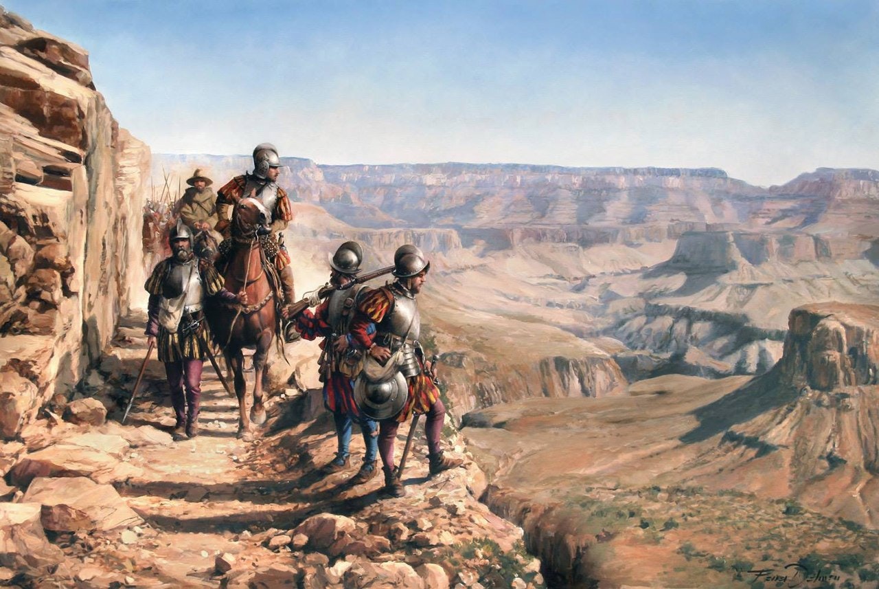 Painting of Spanish conquistadors in Arizona. Painting by Augusto Ferrer-Dalmau.