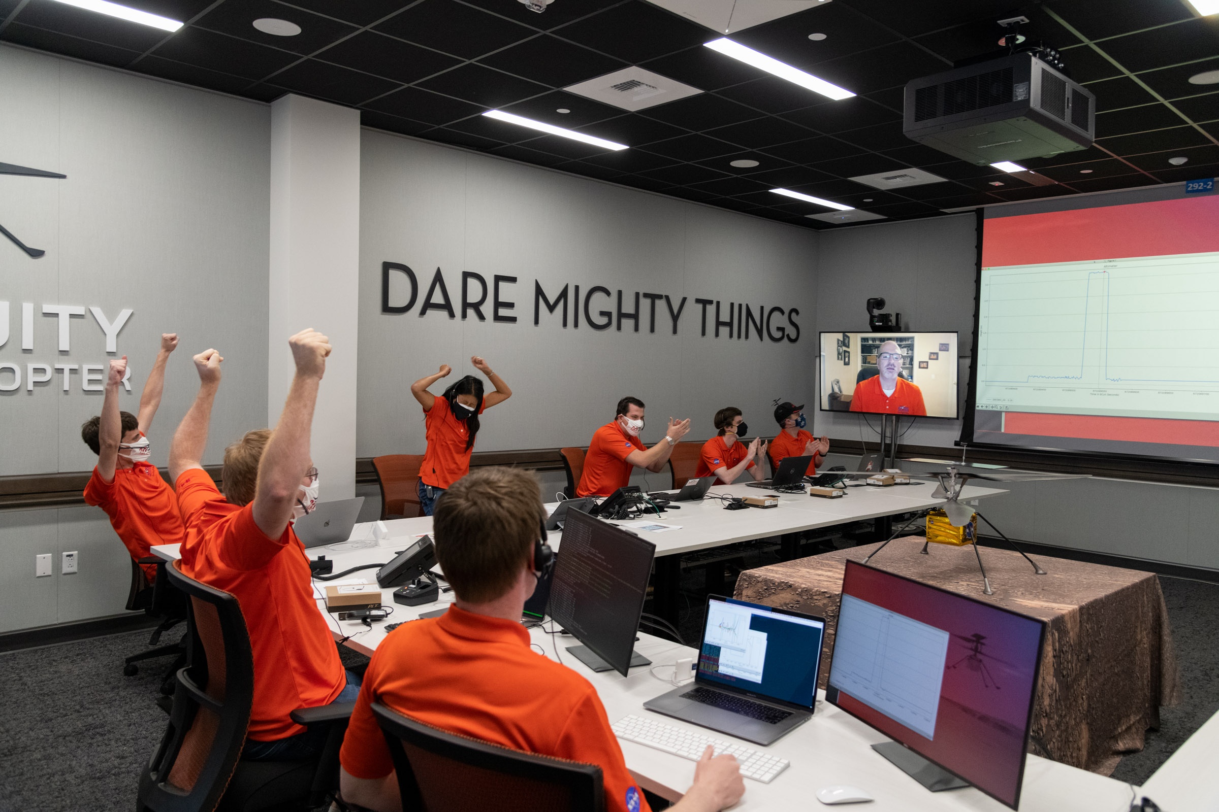 NASA Ingenuity team celebrating the helicopter's successful flight